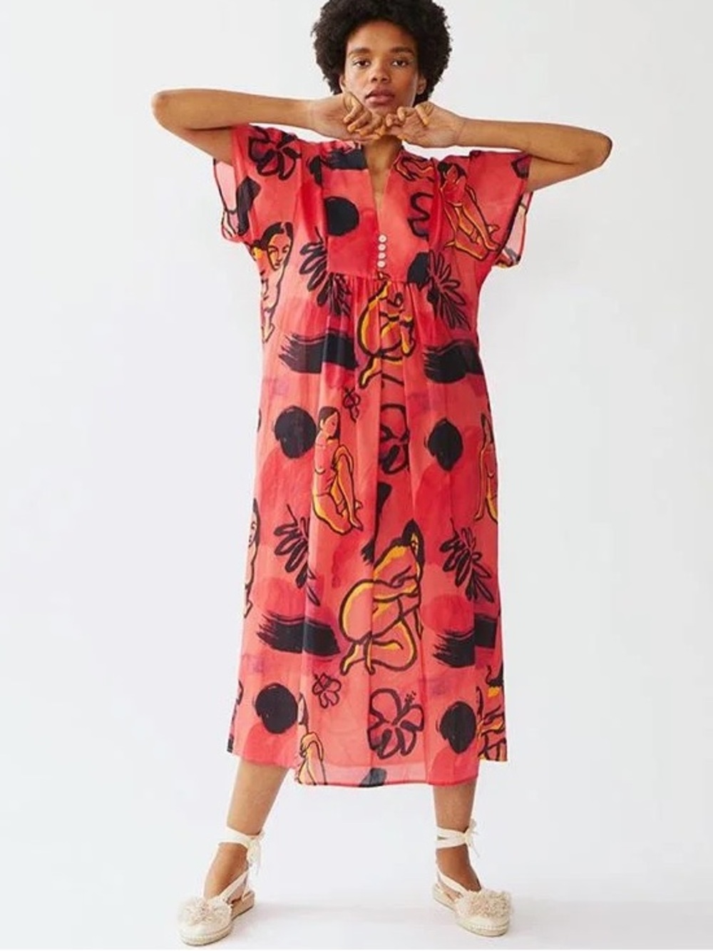 Heinui Gala Midi Dress S Coral Vahine Gauguin Inspired Figure Print 100% Cotton